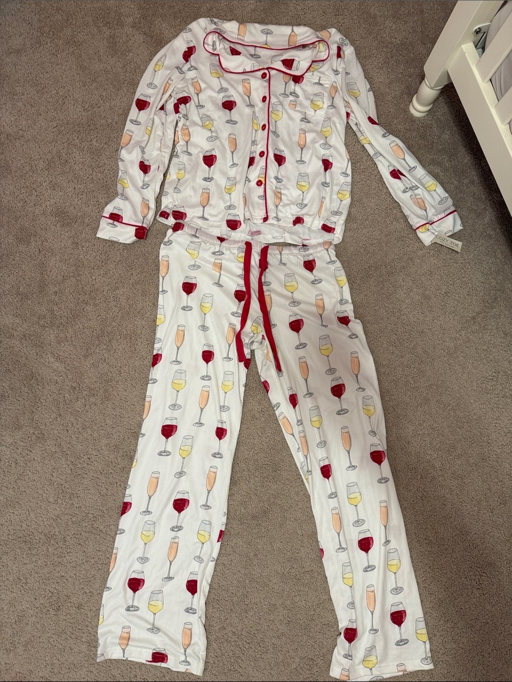 Women’s White Wine Glass Print Pajama Set with Red Trim